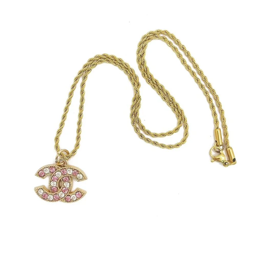 CHANEL CC Pink Rhinestone Charm Pendant on Necklace Gold Plated Chain - Picture 6 of 10